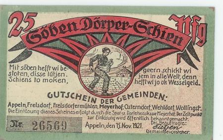 Appeln, Frelsdorf, Frelsdorfermühlen, Meyerhof, Osterndorf, Wehldorf, Wollingst (heute: Beverstedt) - Gemeinden - 15.11.1921 - 25 Pfennig 