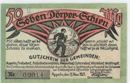 Appeln, Frelsdorf, Frelsdorfermühlen, Meyerhof, Osterndorf, Wehldorf, Wollingst (heute: Beverstedt) - Gemeinden - 15.11.1921 - 50 Pfennig 