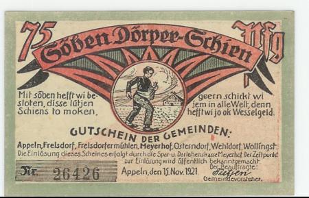 Appeln, Frelsdorf, Frelsdorfermühlen, Meyerhof, Osterndorf, Wehldorf, Wollingst (heute: Beverstedt) - Gemeinden - 15.11.1921 - 75 Pfennig 