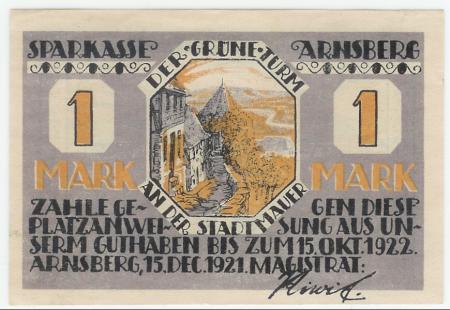 Arnsberg - Stadt - 15.12.1921 - 15.10.1922 - 1 Mark 