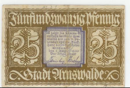 Arnswalde - Stadt - 1.8.1920 - 31.12.1921 - 25 Pfennig 