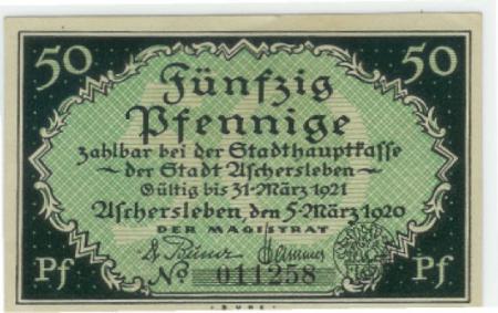 Aschersleben - Stadt - 5.3.1920 - 31.3.1921 - 50 Pfennig 