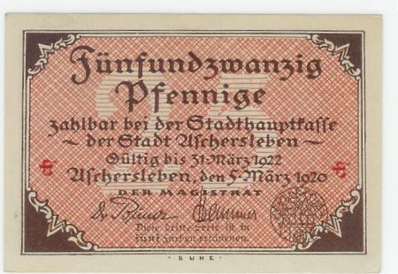 Aschersleben - Stadt - 5.3.1920 - 31.3.1922 - 25 Pfennig 
