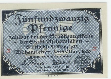 Aschersleben - Stadt - 5.3.1920 - 31.3.1922 - 25 Pfennig 