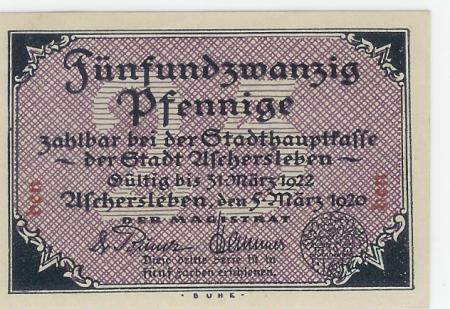 Aschersleben - Stadt - 5.3.1920 - 31.3.1922 - 25 Pfennig 