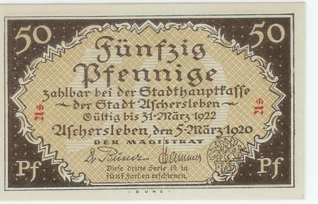 Aschersleben - Stadt - 5.3.1920 - 31.3.1922 - 50 Pfennig 