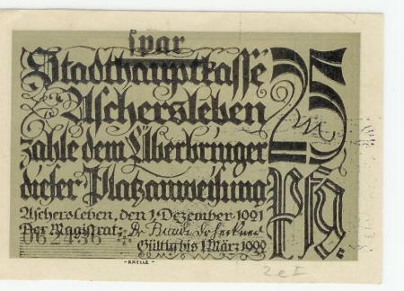 Aschersleben - Stadt - 1.12.1921 - 1.3.1922 - 25 Pfennig 