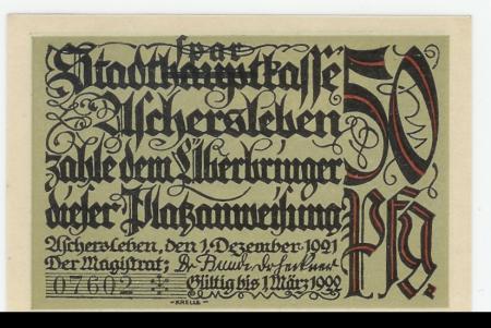 Aschersleben - Stadt - 1.12.1921 - 1.3.1922 - 50 Pfennig 