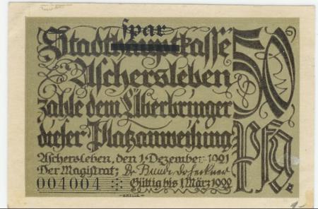 Aschersleben - Stadt - 1.12.1921 - 1.3.1922 - 50 Pfennig 