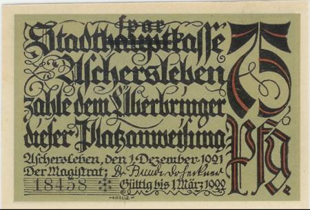 Aschersleben - Stadt - 1.12.1921 - 1.3.1922 - 75 Pfennig 