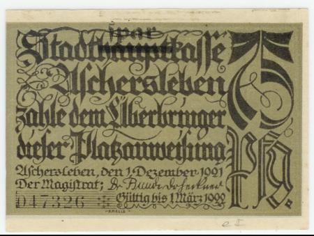 Aschersleben - Stadt - 1.12.1921 - 1.3.1922 - 75 Pfennig 