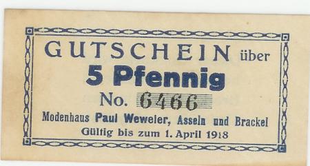 Asseln und Brackel (heute: Dortmund) - Weweler, Paul, Modenhaus - - 1.4.1918 - 5 Pfennig 