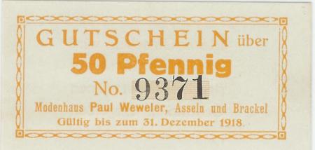 Asseln und Brackel (heute: Dortmund) - Weweler, Paul, Modenhaus - - 31.12.1918 - 50 Pfennig 