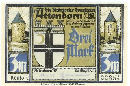Attendorn - Stadt - 12.6.1922 - 3 Mark 