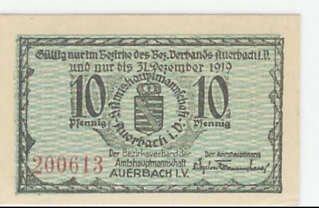 Auerbach - Amtshauptmannschaft - 31.12.1919 - 10 Pfennig 