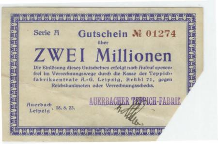 Auerbach - Auerbacher Teppich-Fabrik - 18.8.1923 - 2 Millionen Mark 