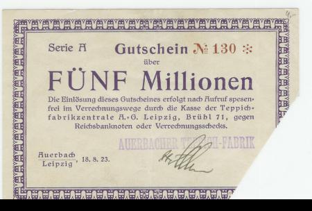Auerbach - Auerbacher Teppich-Fabrik - 18.8.1923 - 5 Millionen Mark 