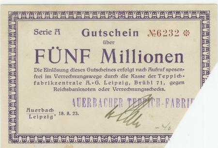Auerbach - Auerbacher Teppich-Fabrik - 18.8.1923 - 5 Millionen Mark 