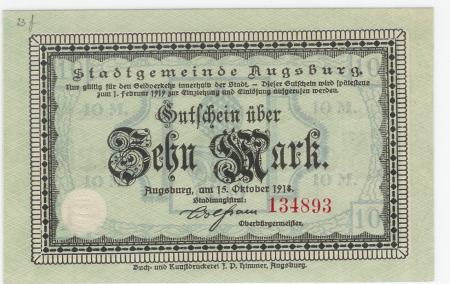 Augsburg - Stadt - 15.10.1918 - 1.2.1919 - 10 Mark 