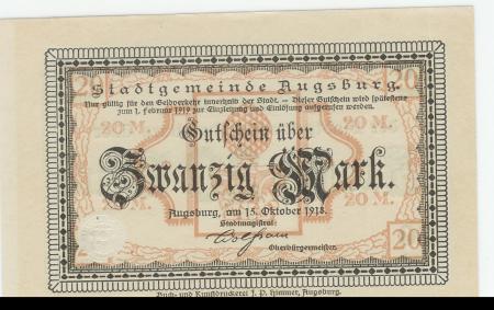Augsburg - Stadt - 15.10.1918 - 1.2.1919 - 20 Mark 