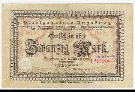 Augsburg - Stadt - 15.10.1918 - 1.2.1919 - 20 Mark 