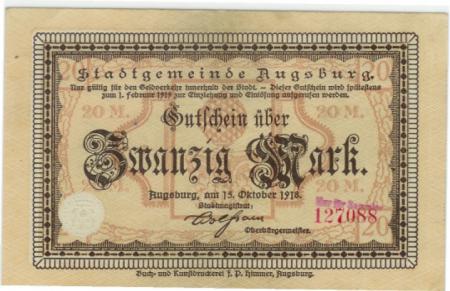 Augsburg - Stadt - 15.10.1918 - 1.2.1919 - 20 Mark 