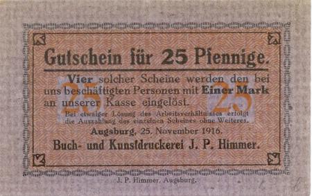 Augsburg - Himmer, J. P., Buch- und Kunstdruckerei - 25.11.1916 - 25 Pfennig 
