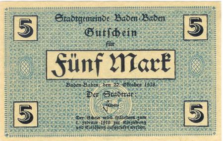 Baden-Baden - Stadt - 22.10.1918 - 1.2.1919 - 5 Mark 