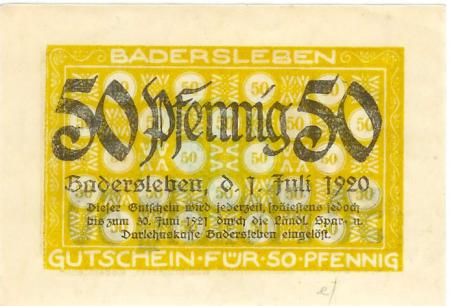 Badersleben (heute: Huy) - Gemeinde - 1.7.1920 - 30.6.1921- 50 Pfennig 
