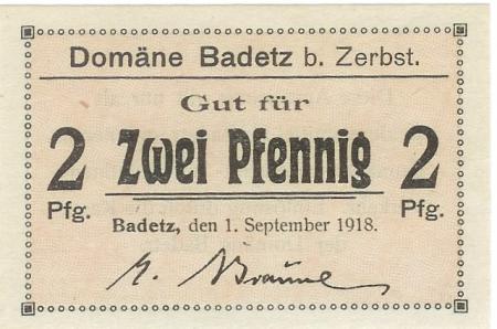 Badetz (heute: Zerbst) - Domäne - 1.9.1918 - 2 Pfennig 