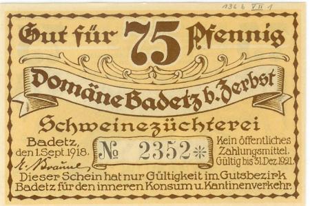 Badetz (heute: Zerbst) - Domäne - 1.9.1918 - 31.12.1921 - 75 Pfennig 