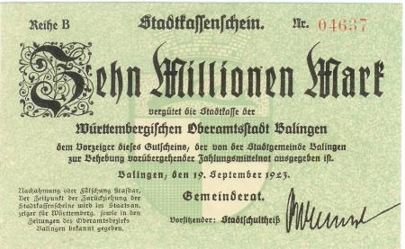 Balingen - Stadt - 19.9.1923 - 10 Millionen Mark 