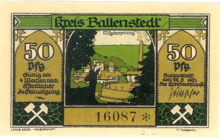 Ballenstedt - Kreis - 22.8.1921 - 50 Pfennig 