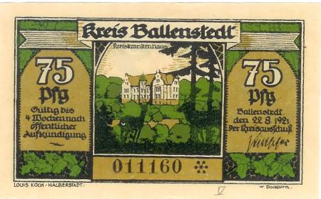 Ballenstedt - Kreis - 22.8.1921 - 75 Pfennig 