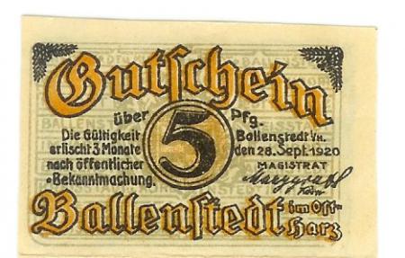 Ballenstedt - Stadt - 28.9.1920 - 5 Pfennig 