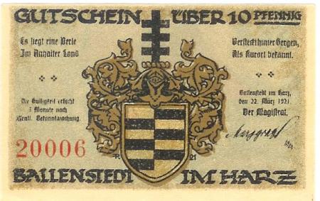 Ballenstedt - Stadt - 22.3.1921 - 10 Pfennig 