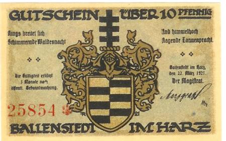 Ballenstedt - Stadt - 22.3.1921 - 10 Pfennig 