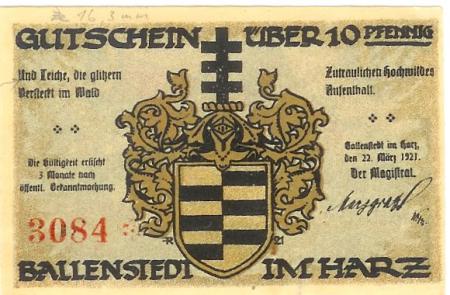 Ballenstedt - Stadt - 22.3.1921 - 10 Pfennig 