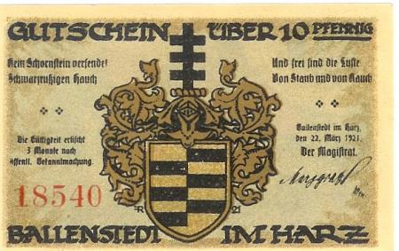 Ballenstedt - Stadt - 22.3.1921 - 10 Pfennig 