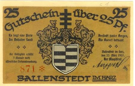 Ballenstedt - Stadt - 22.3.1921 - 25 Pfennig 