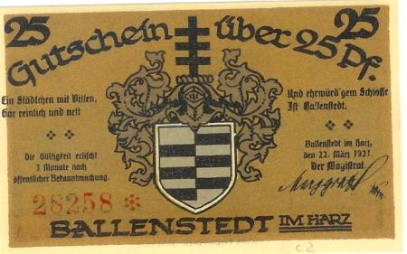 Ballenstedt - Stadt - 22.3.1921 - 25 Pfennig 