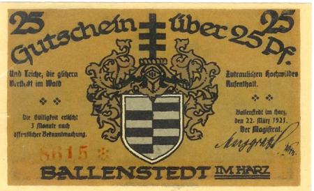 Ballenstedt - Stadt - 22.3.1921 - 25 Pfennig 