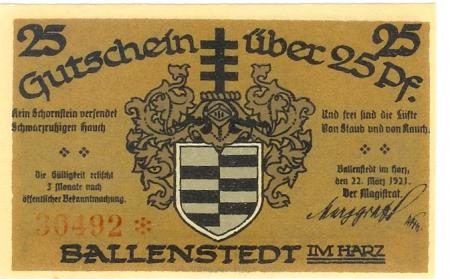 Ballenstedt - Stadt - 22.3.1921 - 25 Pfennig 