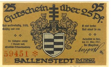 Ballenstedt - Stadt - 22.3.1921 - 25 Pfennig 