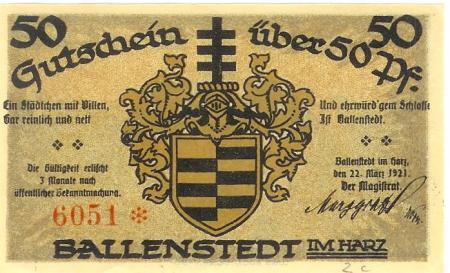 Ballenstedt - Stadt - 22.3.1921 - 50 Pfennig 