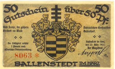 Ballenstedt - Stadt - 22.3.1921 - 50 Pfennig 