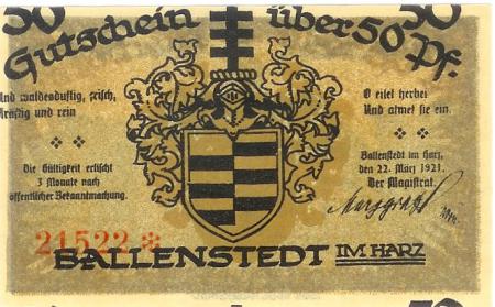 Ballenstedt - Stadt - 22.3.1921 - 50 Pfennig 