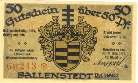 Ballenstedt - Stadt - 22.3.1921 - 50 Pfennig 