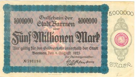 Barmen (heute: Wuppertal) - Stadt - 4.8.1923 - 5 Millionen Mark 