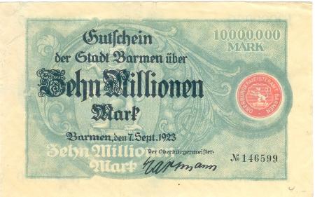 Barmen (heute: Wuppertal) - Stadt - 7.9.1923 - 10 Millionen Mark 